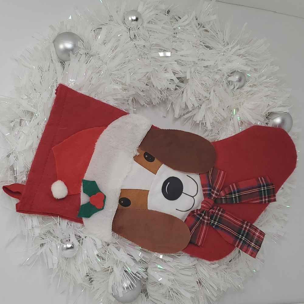 Christmas Dog Stocking, 16 inch, Red, white, brown
